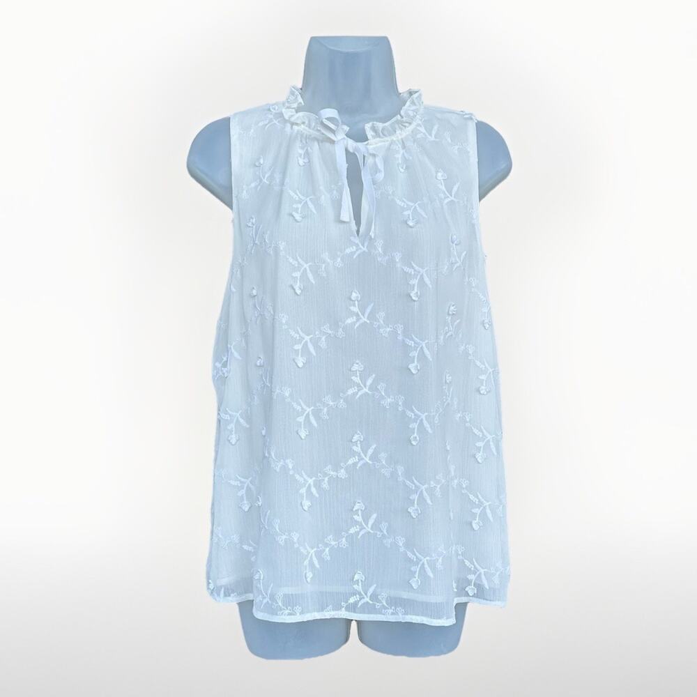 Cece White Embroidered Blouse Top Women's Size Med White Sleeveless Ruffle Boho